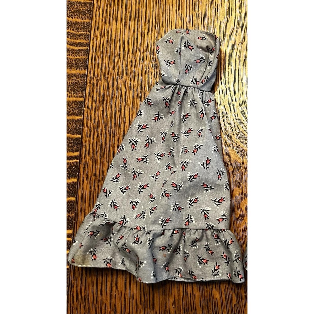 Vintage Handmade Barbie Doll Strapless Dress Gray Pink Floral Ruffle 1970s